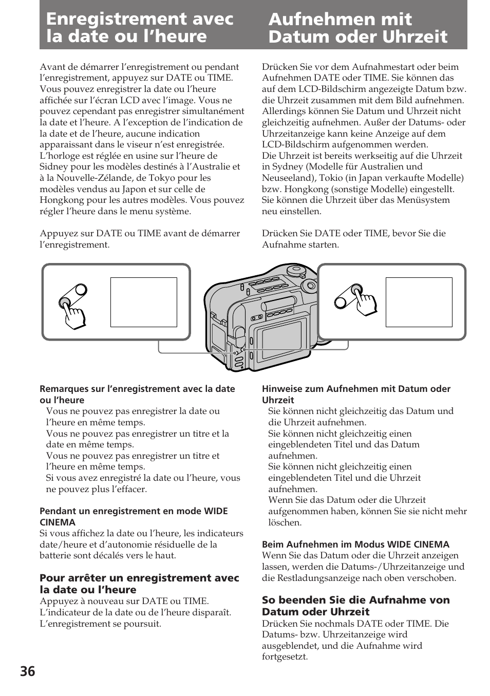 Aufnehmen Mit Datum Oder Uhrzeit Enregistrement Avec La Date Ou L Heure Sony Ccd Sc55e Benutzerhandbuch Seite 36 107 Originalmodus